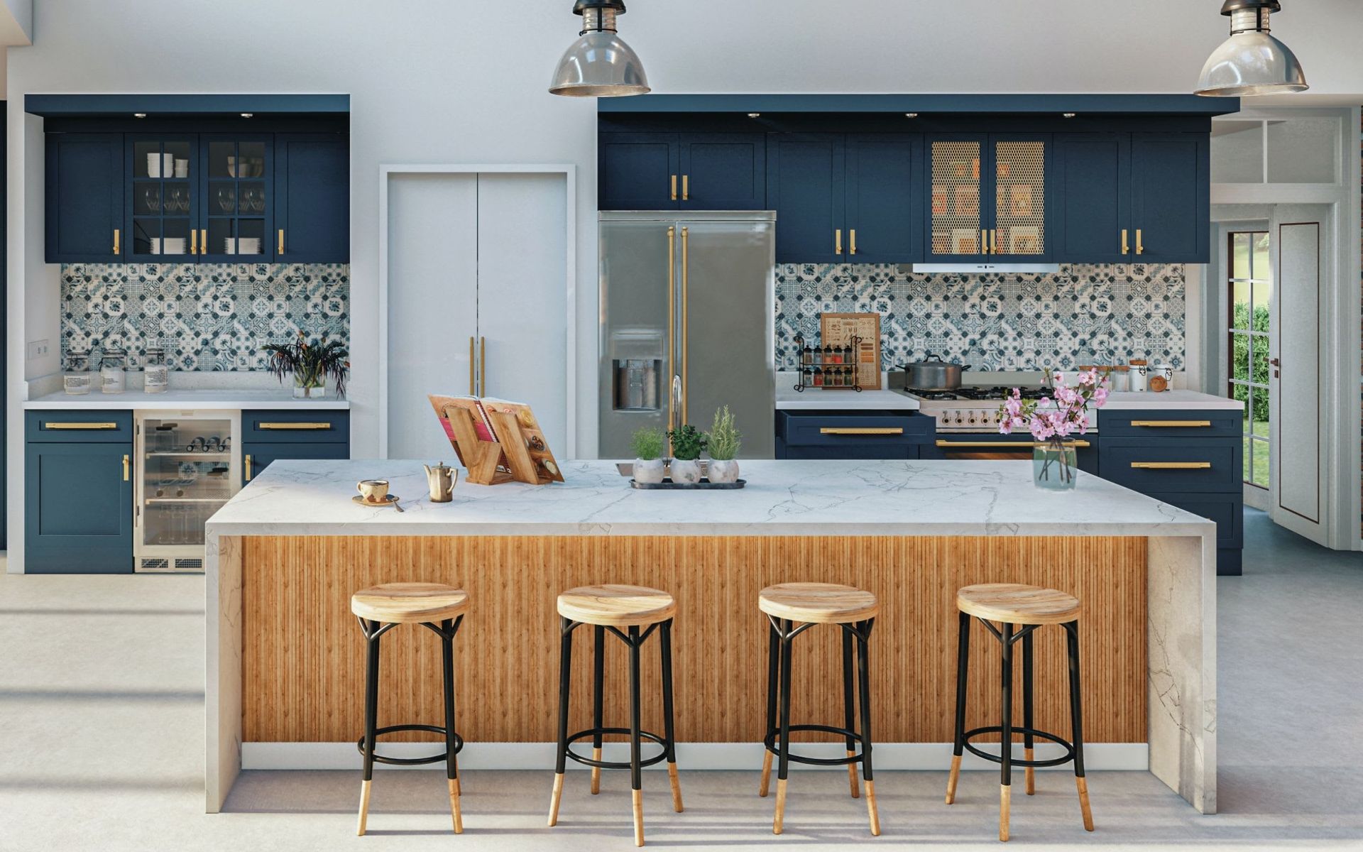 A bright kitchen with an island and stools