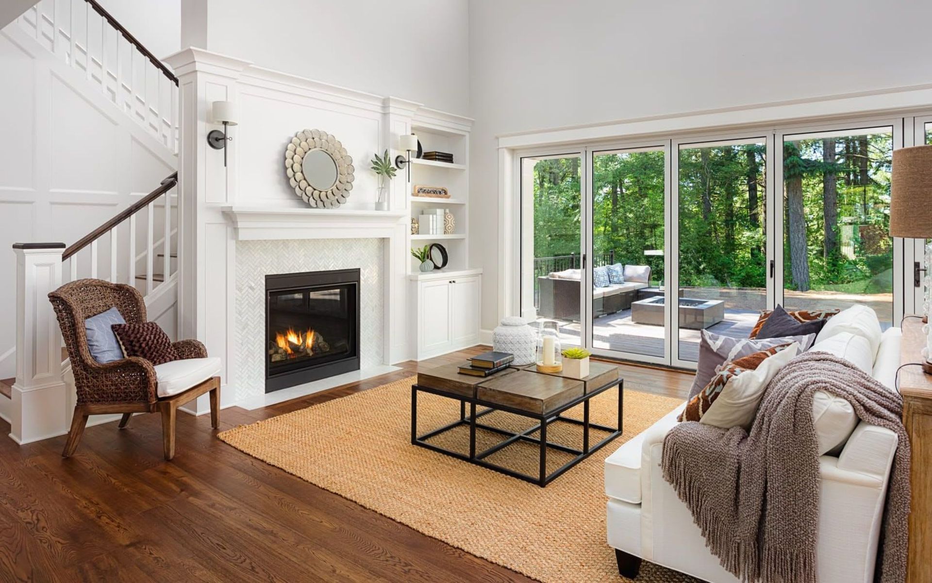A bright living room with a fireplace